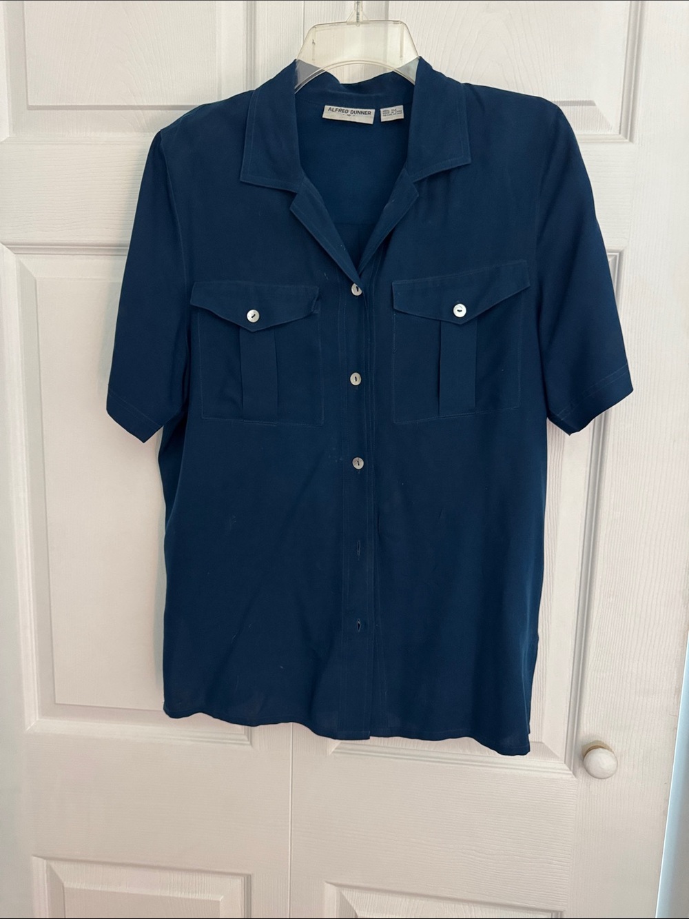 Alfred Dunner Deep Navy 100%Silk Short-Sleeve Button Front Shirt